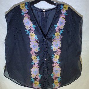 Free People Black Floral Button-Up Top Women's Med